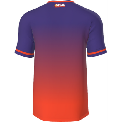 The DSG Apparel NSA Fade Sublimated Short Sleeve Shirt in Orange/Purple features moisture-wicking fabric on the back to keep you cool and comfortable during intense softball games.