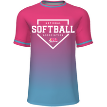 The DSG Apparel National Softball Association NSA Fade Sublimated Short Sleeve Shirt in pink/blue features moisture-wicking fabric and white text for all-day comfort.
