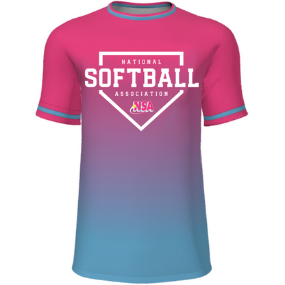 The DSG Apparel National Softball Association NSA Fade Sublimated Short Sleeve Shirt in pink/blue features moisture-wicking fabric and white text for all-day comfort.