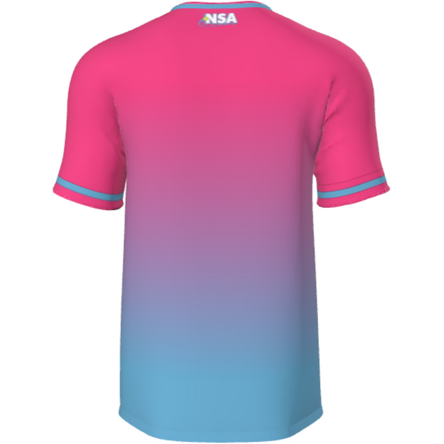 The DSG Apparel National Softball Association NSA Fade Sublimated Short Sleeve Shirt features a pink-to-blue gradient, durable dye sublimation, and "NSA" in white near the back collar.
