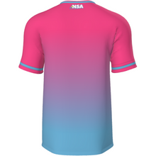 The DSG Apparel National Softball Association NSA Fade Sublimated Short Sleeve Shirt features a pink-to-blue gradient, durable dye sublimation, and "NSA" in white near the back collar.