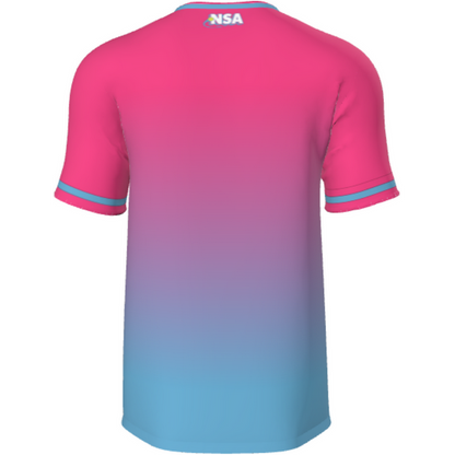 The DSG Apparel National Softball Association NSA Fade Sublimated Short Sleeve Shirt features a pink-to-blue gradient, durable dye sublimation, and "NSA" in white near the back collar.