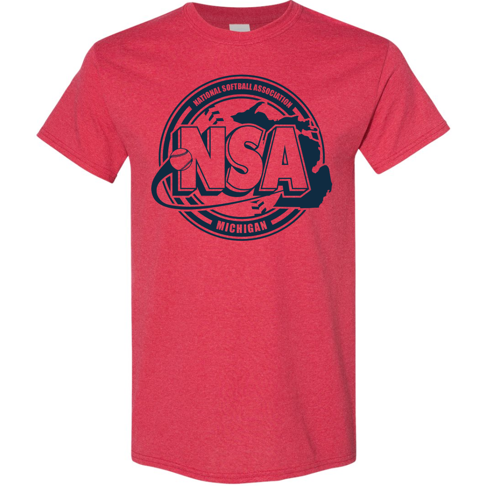The DSG Apparel National Softball Association NSA Michigan Crest Short Sleeve Shirt is a red tee with a bold navy NSA logo, a softball, the Michigan outline, and "National Softball Association Michigan" text.