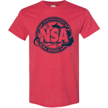 The DSG Apparel National Softball Association NSA Michigan Crest Short Sleeve Shirt is a red tee with a bold navy NSA logo, a softball, the Michigan outline, and "National Softball Association Michigan" text.