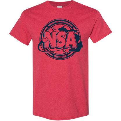 The DSG Apparel National Softball Association NSA Michigan Crest Short Sleeve Shirt is a red tee with a bold navy NSA logo, a softball, the Michigan outline, and "National Softball Association Michigan" text.