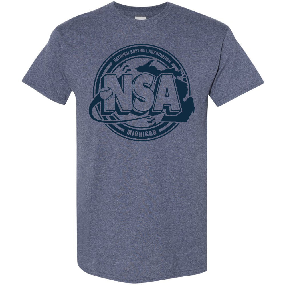 The DSG Apparel National Softball Association NSA Michigan Crest Short Sleeve Shirt features a heather blue design with a bold NSA logo, softball graphic, and "National Softball Association Michigan" on the front.