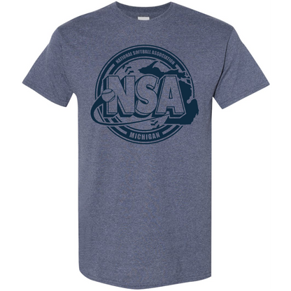 The DSG Apparel National Softball Association NSA Michigan Crest Short Sleeve Shirt features a heather blue design with a bold NSA logo, softball graphic, and "National Softball Association Michigan" on the front.