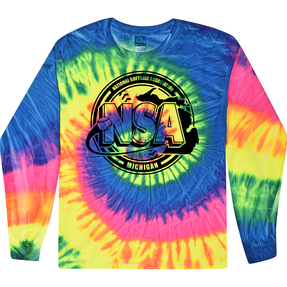 The DSG Apparel National Softball Association (NSA) Michigan Crest Long Sleeve Shirt features a vibrant blue, yellow, pink, and green tie-dye design with a bold black and white NSA logo—perfect standout softball apparel.