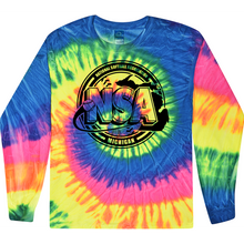 The DSG Apparel National Softball Association (NSA) Michigan Crest Long Sleeve Shirt features a vibrant blue, yellow, pink, and green tie-dye design with a bold black and white NSA logo—perfect standout softball apparel.