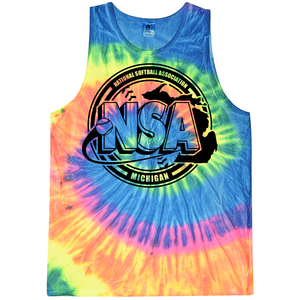 The DSG Apparel National Softball Association NSA Michigan Crest Tank Top features vibrant blue, green, yellow, pink, and orange tie-dye swirls with a bold black NSA logo and Michigan outline on the front.