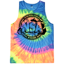 The DSG Apparel National Softball Association NSA Michigan Crest Tank Top features vibrant blue, green, yellow, pink, and orange tie-dye swirls with a bold black NSA logo and Michigan outline on the front.
