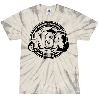 The DSG Apparel National Softball Association NSA Michigan Crest Short Sleeve Shirt features a white and gray tie-dye design with Michigan and NSA logos, softball graphic, and the state outline.