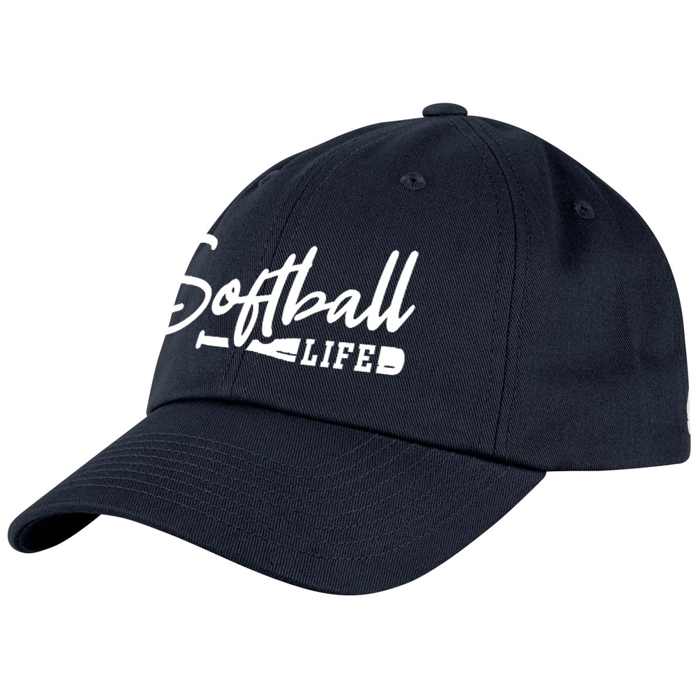 The Champro Sports NSA Softball Life Classic Hat: HC9-SL in black features “Softball Life” and two small bat graphics embroidered in white—perfect for showcasing your softball lifestyle on or off the field.