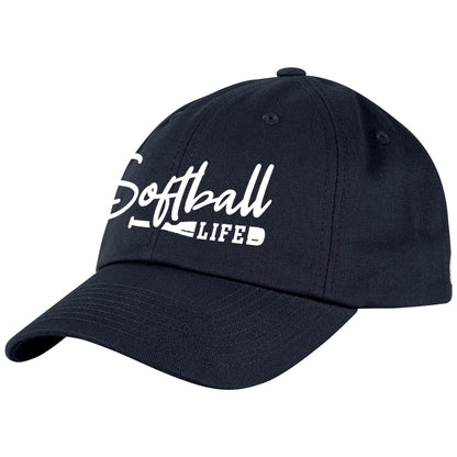 The Champro Sports NSA Softball Life Classic Hat: HC9-SL in black features “Softball Life” and two small bat graphics embroidered in white—perfect for showcasing your softball lifestyle on or off the field.