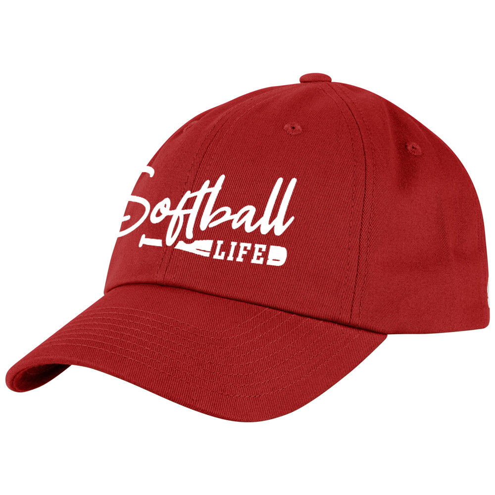 The Champro Sports NSA Softball Life Classic Hat (HC9-SL) features red fabric, white "Softball Life" text, and two small softball bats—ideal for those who love the softball lifestyle.