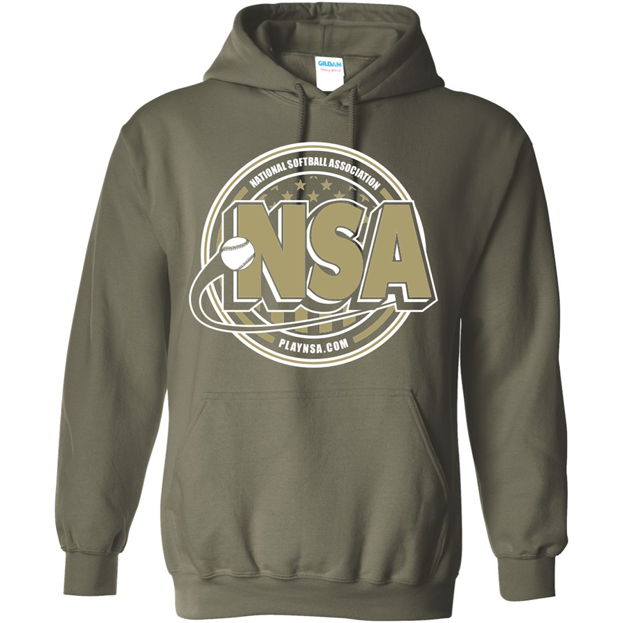 The National Softball Association NSA Crest HeavyBlend Hoodie by DSG Apparel is olive green and features a large white and gold NSA logo with a softball and “National Softball Association” plus playnsa.com printed on the front.