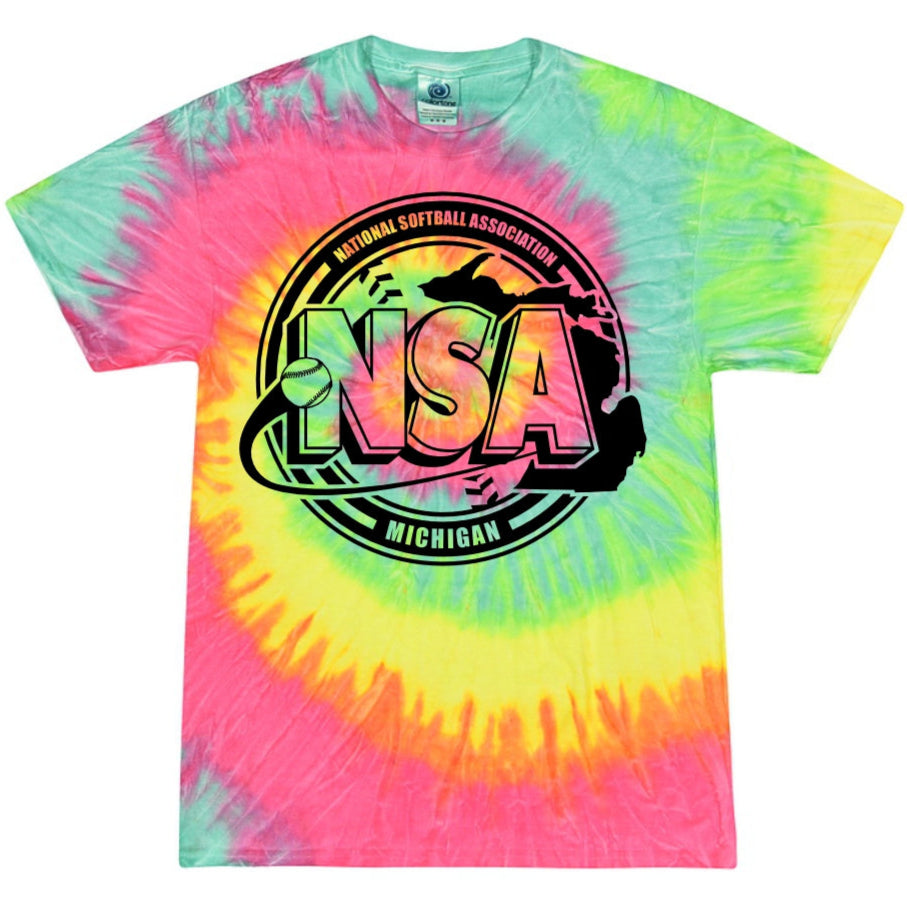 The DSG Apparel National Softball Association NSA Michigan Crest Short Sleeve Shirt features a green, yellow, and pink tie-dye design with a bold black logo of a softball and Michigan state outline.