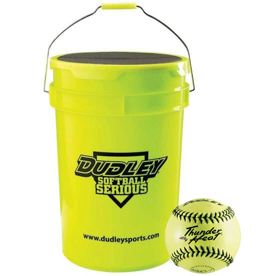 A bright yellow Dudley bucket with a black lid and handle, displaying the Dudley Softball Serious text, is placed next to a yellow 12″ Dudley NSA Thunder Heat 47/375 Leather Fastpitch Softball—an NSA-approved softball featuring black stitching and writing.