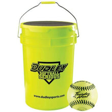 A bright yellow Dudley bucket with a black lid and handle, displaying the Dudley Softball Serious text, is placed next to a yellow 12″ Dudley NSA Thunder Heat 47/375 Leather Fastpitch Softball—an NSA-approved softball featuring black stitching and writing.