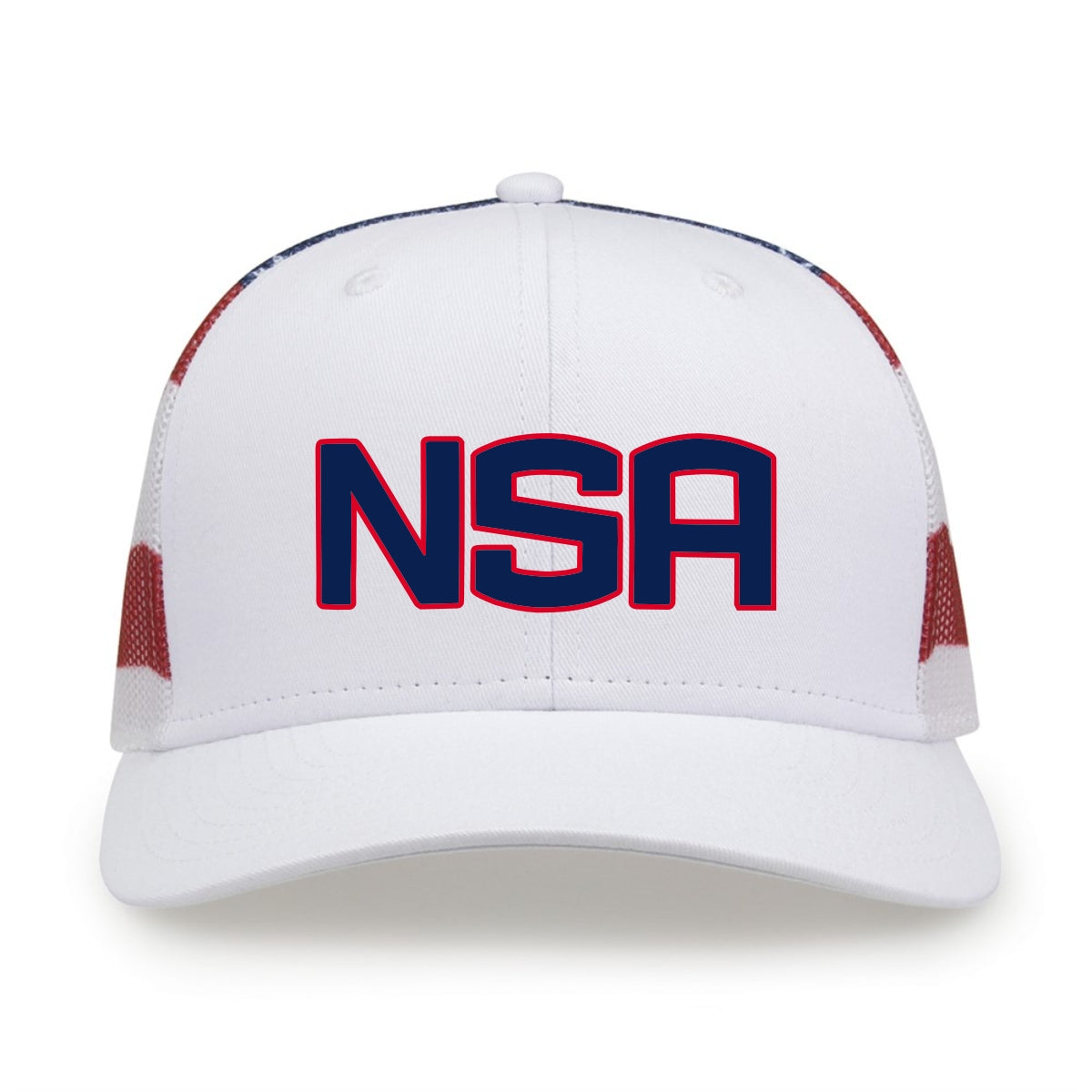The Game Headwear NSA Classic Series USA Flag Snapback Hat (GB452US) features a bold white cap with the iconic NSA logo on the front and red mesh side panels—ideal for National Softball Association fans seeking a breathable, sporty style.