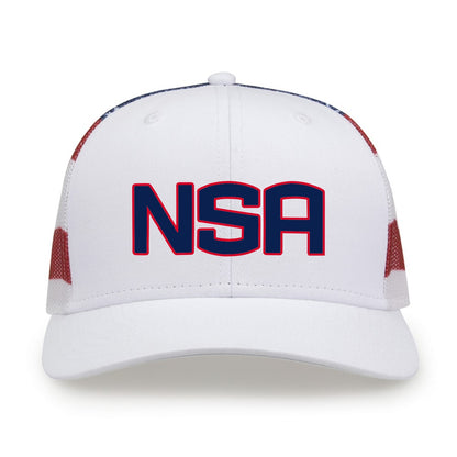 The Game Headwear NSA Classic Series USA Flag Snapback Hat (GB452US) features a bold white cap with the iconic NSA logo on the front and red mesh side panels—ideal for National Softball Association fans seeking a breathable, sporty style.