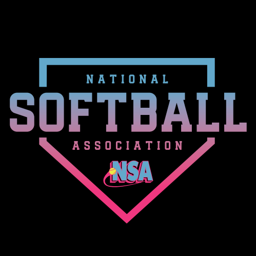 The DSG Apparel National Softball Association NSA Vice Sublimated Long Sleeve Shirt features SOFTBALL in bold letters inside a home plate outline, plus a small NSA logo with softball and bat—all in vibrant blue and pink sublimated gradients.