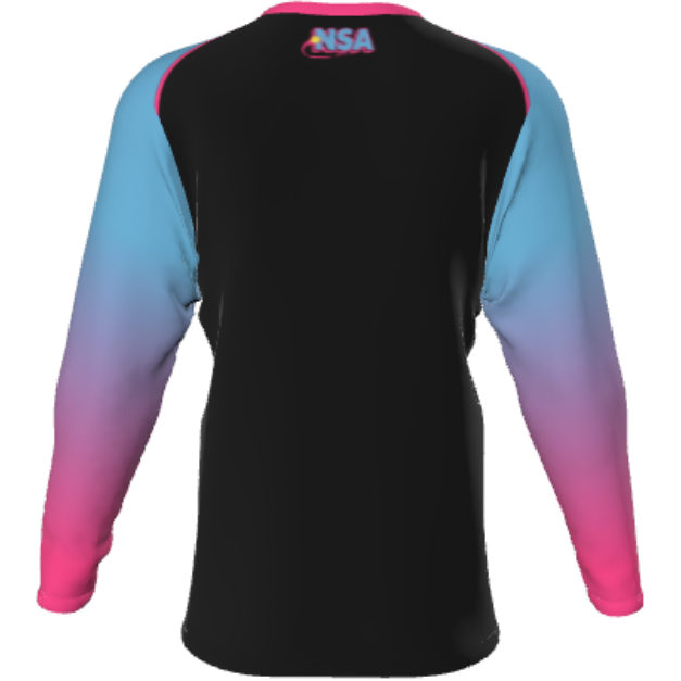 The DSG Apparel National Softball Association NSA Vice Sublimated Long Sleeve Shirt features moisture-wicking fabric, a black back, gradient blue-to-pink sleeves, and a vibrant NSA logo on the upper back.