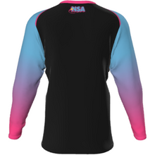 The DSG Apparel National Softball Association NSA Vice Sublimated Long Sleeve Shirt features moisture-wicking fabric, a black back, gradient blue-to-pink sleeves, and a vibrant NSA logo on the upper back.