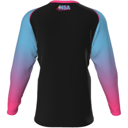 The DSG Apparel National Softball Association NSA Vice Sublimated Long Sleeve Shirt features moisture-wicking fabric, a black back, gradient blue-to-pink sleeves, and a vibrant NSA logo on the upper back.