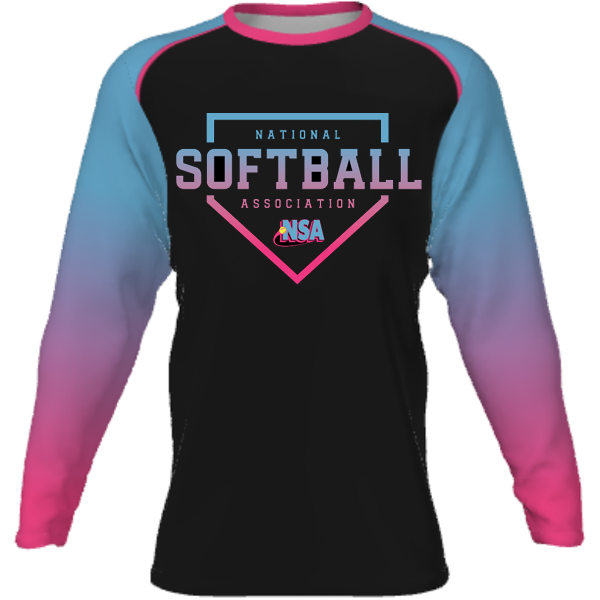 The DSG Apparel National Softball Association NSA Vice Sublimated Long Sleeve Shirt features a black body, blue-to-pink gradient sleeves, and moisture-wicking fabric for comfort in every game.