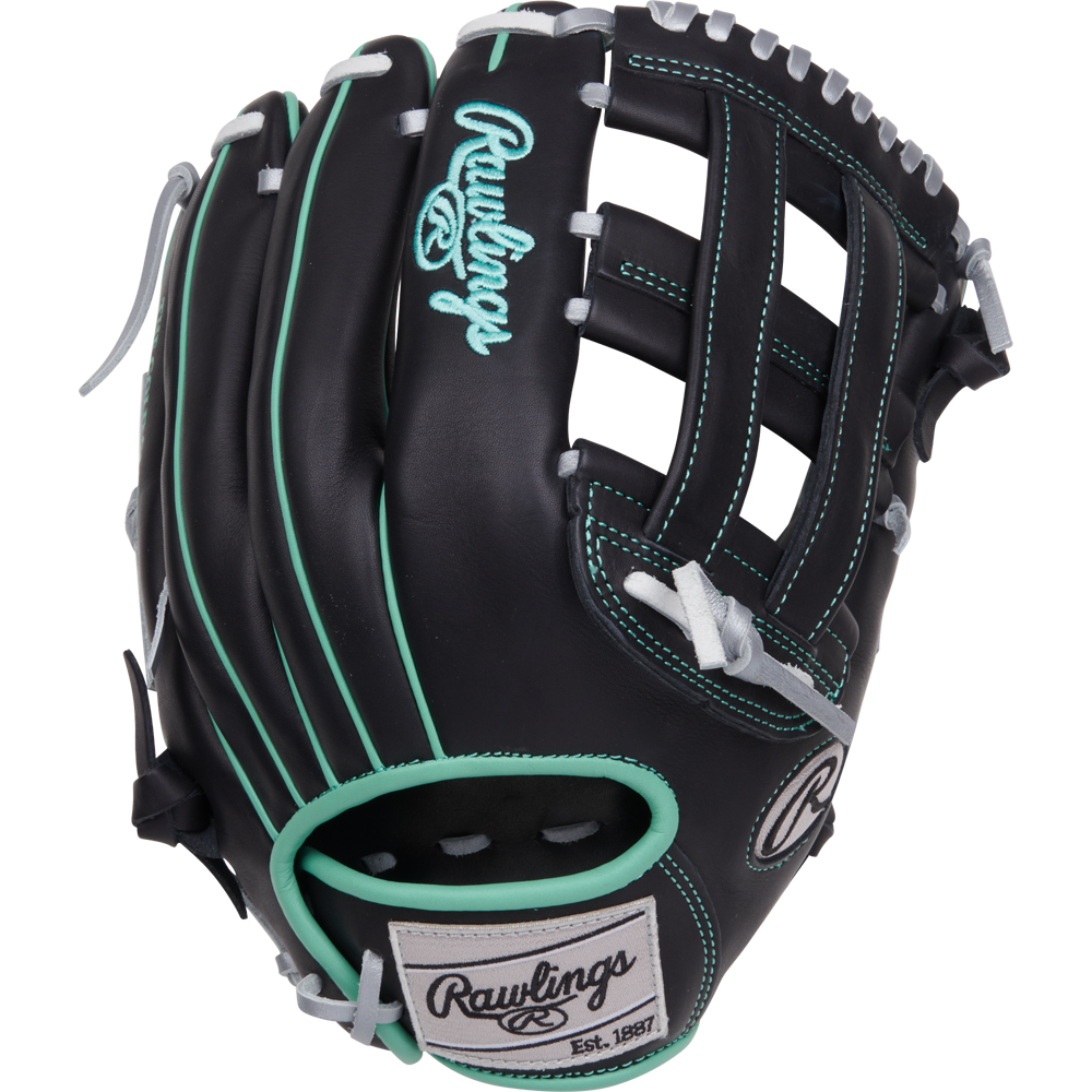 The Rawlings NXT 12.5" Baseball Glove (NXT3028U-6B) is a black outfield glove with light blue-green accents, white stitching, a woven Pro-H web, and features the Rawlings logo in white and blue on the back.