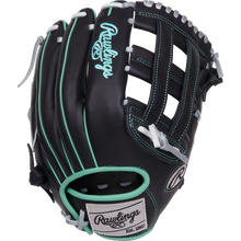 The Rawlings NXT 12.5" Baseball Glove (NXT3028U-6B) is a black outfield glove with light blue-green accents, white stitching, a woven Pro-H web, and features the Rawlings logo in white and blue on the back.