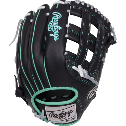 The Rawlings NXT 12.5" Baseball Glove (NXT3028U-6B) is a black outfield glove with light blue-green accents, white stitching, a woven Pro-H web, and features the Rawlings logo in white and blue on the back.