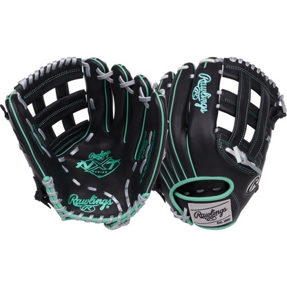 The Rawlings NXT 12.5" Baseball Glove (NXT3028U-6B) is shown in black with teal and white accents, one showcasing the Pro-H web and the other displaying its palm with distinctive Rawlings logos.