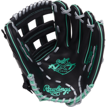 The Rawlings NXT 12.5" Baseball Glove (NXT3028U-6B) in black features teal and white stitching, an open Pro-H web, and displays brand logos and model details on the palm, facing up.