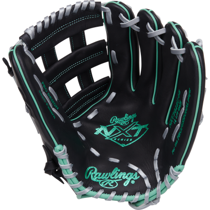 The Rawlings NXT 12.5" Baseball Glove (NXT3028U-6B) in black features teal and white stitching, an open Pro-H web, and displays brand logos and model details on the palm, facing up.
