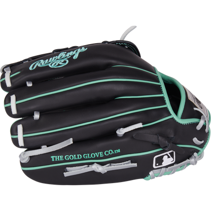 The Rawlings NXT 12.5" Baseball Glove (NXT3028U-6B) is black with teal accents, white laces, and THE GOLD GLOVE CO. in teal on the side. It features a Pro-H web and MLB logo near the thumb—ideal for outfielders.
