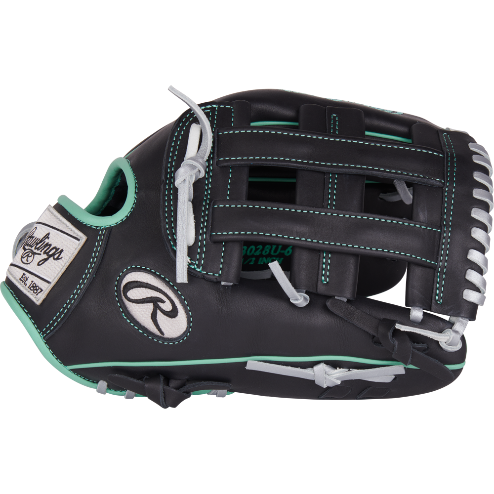 The Rawlings NXT 12.5" Baseball Glove (NXT3028U-6B) is black with mint green accents, white stitching, and laces, featuring a Pro-H web, the Rawlings logo, and a "Rawlings Est. 1887" patch.