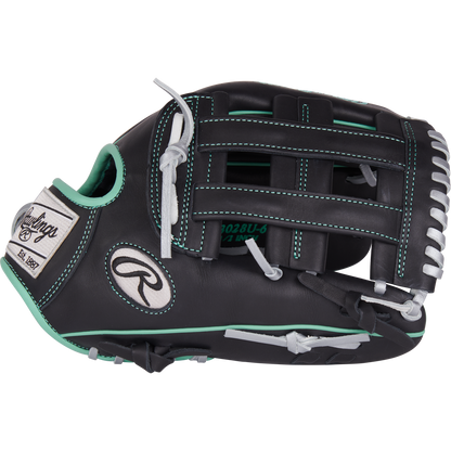 The Rawlings NXT 12.5" Baseball Glove (NXT3028U-6B) is black with mint green accents, white stitching, and laces, featuring a Pro-H web, the Rawlings logo, and a "Rawlings Est. 1887" patch.