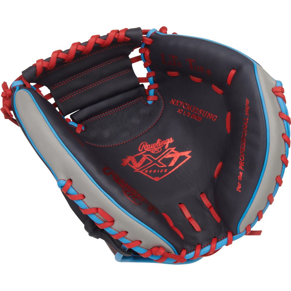 The Rawlings NXT 32.5″ Baseball Catcher’s Mitt (model NXTCM325UNG) showcases a stylish combination of black, gray, and red pro-soft leather with blue laces, highlighted by red-stitched Rawlings branding and text across the glove, all presented against a plain white background.