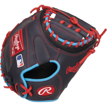The Rawlings NXT 32.5″ Baseball Catcher’s Mitt (NXTCM325UNG) is crafted from pro-soft black leather with bold red and blue lacing, proudly showcasing both the Rawlings logo and the MLB emblem on the side—an excellent choice for any young catcher seeking a dependable youth mitt.