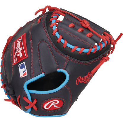 The Rawlings NXT 32.5″ Baseball Catcher’s Mitt (NXTCM325UNG) is crafted from pro-soft black leather with bold red and blue lacing, proudly showcasing both the Rawlings logo and the MLB emblem on the side—an excellent choice for any young catcher seeking a dependable youth mitt.