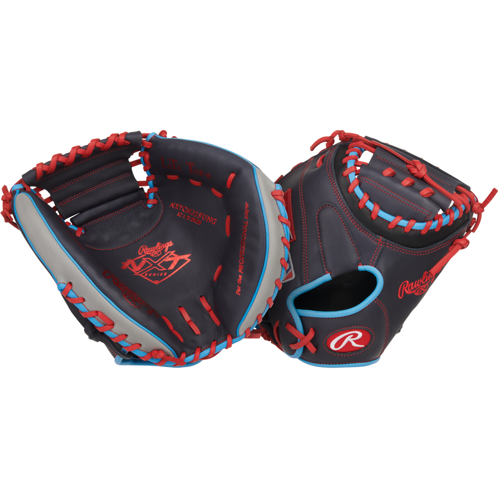 Two Rawlings NXT 32.5″ Baseball Catcher’s Mitts (model NXTCM325UNG) are shown side by side, highlighting both the front and back views against a plain white background. Featuring dark pro-soft leather with red and blue laces and prominent red Rawlings logos, these mitts represent the brand’s latest design—crafted to meet the performance needs of any youth catcher’s mitt collection.