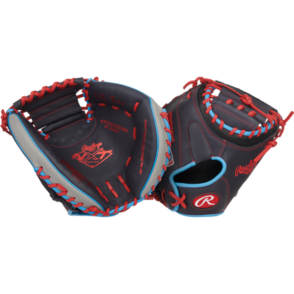 Two Rawlings NXT 32.5″ Baseball Catcher’s Mitts (model NXTCM325UNG) are shown side by side, highlighting both the front and back views against a plain white background. Featuring dark pro-soft leather with red and blue laces and prominent red Rawlings logos, these mitts represent the brand’s latest design—crafted to meet the performance needs of any youth catcher’s mitt collection.