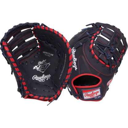 Two dark blue Rawlings NXT 12.25" First Base Mitts (NXTDCTU-10N) with red lacing and white logos are shown—one showing the palm, the other the back patch and finger slots—ideal for travel ball players.