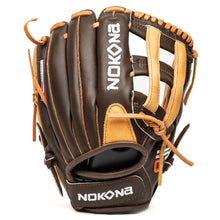 The Nokona Alpha 12.5" Fastpitch Glove (S-V1250H) features brown and tan leather, visible stitching and laces, and the Nokona logo on the wrist strap—crafted with pride in America.