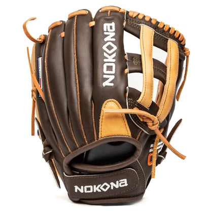 The Nokona Alpha 12.5" Fastpitch Glove (S-V1250H) features brown and tan leather, visible stitching and laces, and the Nokona logo on the wrist strap—crafted with pride in America.