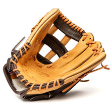The Nokona Alpha 12.5" Fastpitch Glove: S-V1250H features a tan and brown design with black laces, shown open to display its inside pocket and webbing—crafted American-made quality from Nokona.