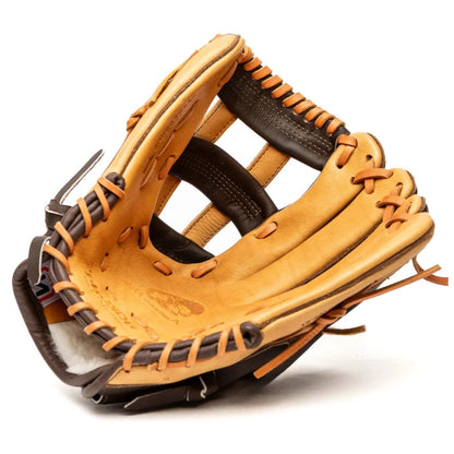 The Nokona Alpha 12.5" Fastpitch Glove: S-V1250H features a tan and brown design with black laces, shown open to display its inside pocket and webbing—crafted American-made quality from Nokona.