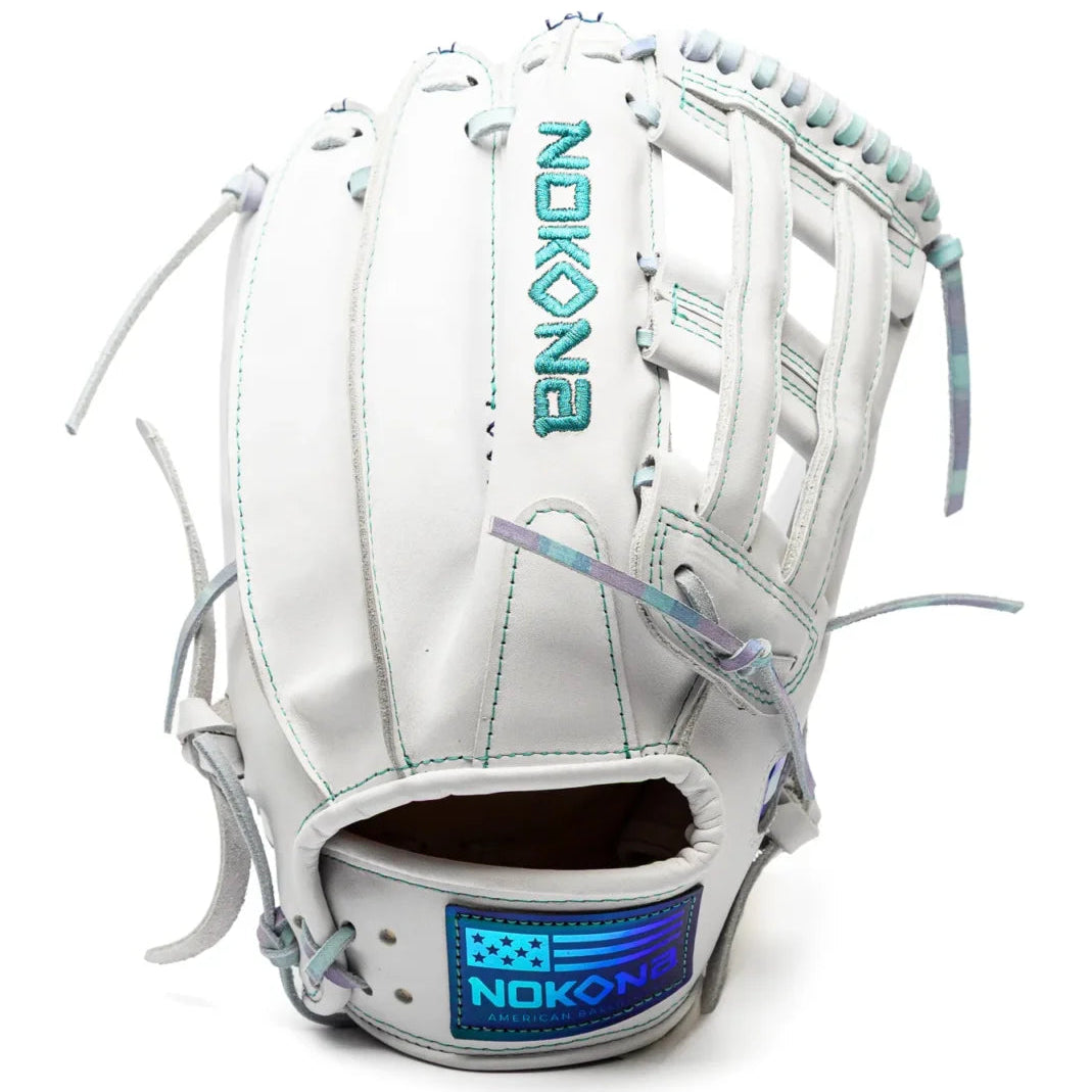 Nokona Halo 12″ Fastpitch Glove: WHT-EP1200H in white AmericanKIP leather with teal lettering and iridescent lacing.